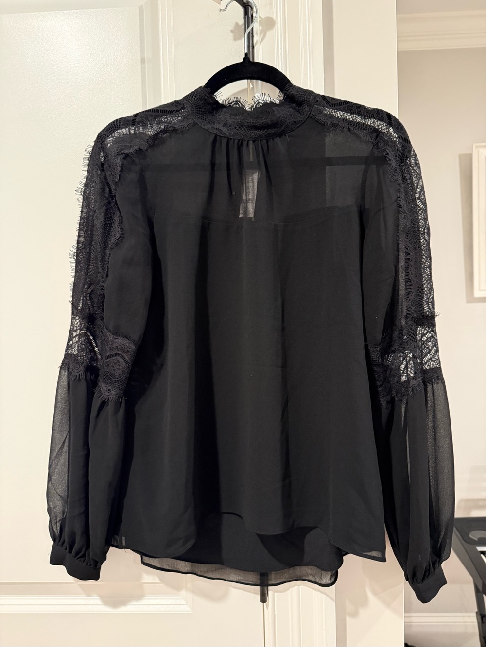 White House Black Market Black Lace-Trim High Neck Blouse